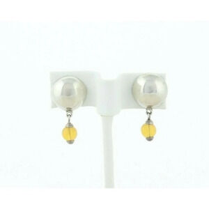 Sterling Silver Button Earrings with Yellow Glass Bead Dangle Drop Earrings